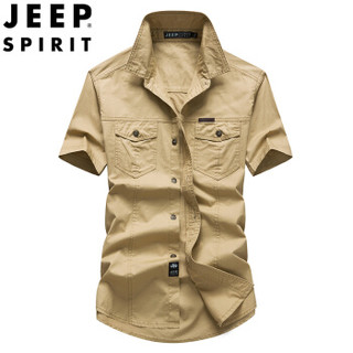 吉普（JEEP）短袖衬衫 男士商务休闲宽松衬衣上衣时尚纯色衬衫男 RSC244 卡其色 L