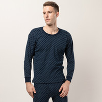 海之宁 3216-1 纯棉保暖内衣薄款男式圆领中老年全棉棉毛衫线衣线裤秋冬季 印花-圆领-藏青 170(L)