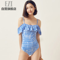 弈姿女士泳衣 修身荷叶边游泳衣 温泉显瘦度假泳装 EZI18W130 蓝色格纹 M