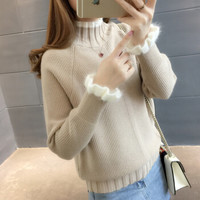 亚瑟魔衣针织衫女秋冬装韩版甜美学生荷叶袖套头毛衣女时尚半高领打底衫SH-161 卡其色 均码