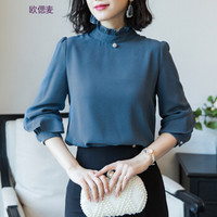 欧偲麦 衬衫女雪纺衫长袖秋装2018新款衬衫宽松打底衫上衣职业装小衫 ZY-51150 蓝色 L