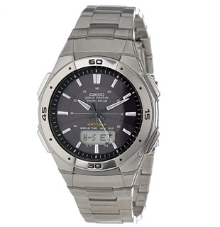 CASIO 卡西欧 WVA470J-1ACF 男士太阳能手表 42.3mm 黑盘 银色不锈钢带 圆形