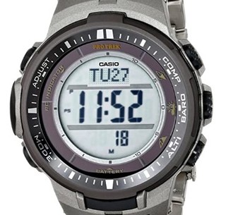 CASIO 卡西欧 PRO TREK系列 PRW-3000T-7DR 男士电子手表 56mm 灰盘 银色钛金属表带 圆形