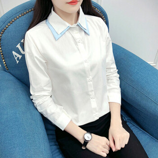 朗悦女装 长袖衬衫女2019春季新款韩版双色领衬衣学生打底衫LWCC187431T 白色 S