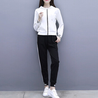 MAX WAY 女装 2019年春季新款韩版时尚休闲显瘦长袖直筒休闲裤两件套 MWYH095 白色 XXL