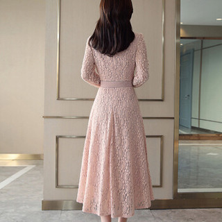 米兰茵 MILANYIN 女装 2019年春季新款时尚潮流中腰连衣裙长袖长裙 ML19084 粉红色 M