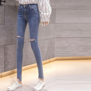 米兰茵（MILANYIN）女装  2019年春季紧身小脚铅笔磨破潮款女学生弹力牛仔裤 MLYH461 蓝色 XL