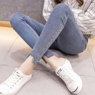 米兰茵（MILANYIN）女装  2019年春季紧身小脚铅笔磨破潮款女学生弹力牛仔裤 MLYH461 蓝色 XL