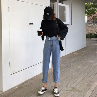 米兰茵（MILANYIN）女装  2019年春季新款洋气原宿港风韩版学生宽松直筒牛仔裤 MLYH296 图片色 XL