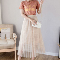 薇图（vitto）女装 2019年夏季网纱高腰压褶波点仙女优雅A字半身裙 xbVT511 杏色 均码