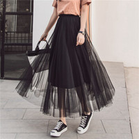 HMDIME chic时尚半身裙女2019春季新品 韩版小清新ins高腰中长款网纱裙百褶裙A字裙大摆裙 GGSS1825 黑色 XL