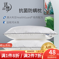 远梦家纺 枕头防螨枕芯一个可水洗低枕成人学生软枕家用酒店枕头芯 白色 48X74cm