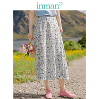 茵曼（INMAN）2019夏装新款高腰文艺小清新碎花开叉裙摆显瘦A字半身长裙女 18921|10394 白色 L