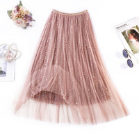 莉夏乐 2019春夏装新品半身裙女装闪亮重工亮片网纱裙韩版高腰A字长裙仙气百褶裙 zxALQY388 粉红 均码