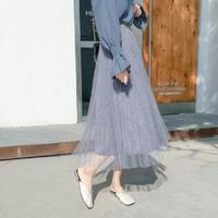 AUDDE 2019春夏季新款女装新品半身裙女亮片高腰网纱百褶裙超火中长款纱裙 zx1202-8040 灰蓝 均码