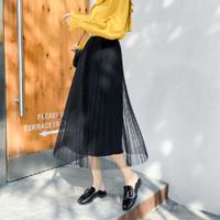 AUDDE 2019春夏季新款女装新品半身裙女亮片高腰网纱百褶裙超火中长款纱裙 zx1202-8040 黑色 均码