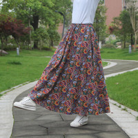 BANDALY 2019夏季新款女装新品半身裙印花棉麻松紧腰围大摆裙民族风A字裙 MMKH252652 52号色 裙长90厘米