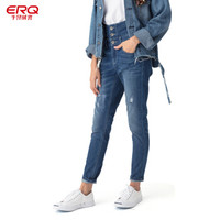 ERQ牛仔裤女2019春新品高腰破洞弹力修身显瘦小脚浅色复古铅笔裤 中蓝色 29