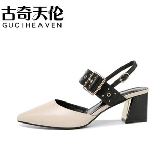 古奇天伦 GUCIHEAVEN 时尚百搭尖头粗跟一字式扣带防水台凉鞋 9344 米色 38