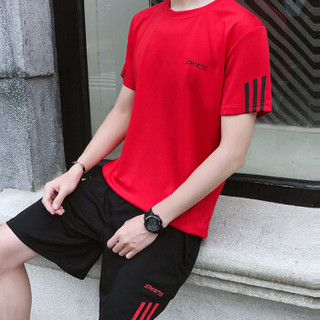 猫人（MiiOW）短袖套装2019夏季新款T恤套装男士短裤休闲运动套装1507-8808红色2XL