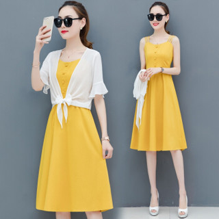 BANDALY 2019夏季女装新款连衣裙女中长款吊带装气质显瘦两件套装雪纺裙子 zx1BF11-037 黄色 XL