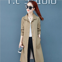 沫欣 2019春夏新品女装风衣女中长款纯色POLO领薄款单排扣修身长袖外套风衣 zx1AF11-123 卡其色 M