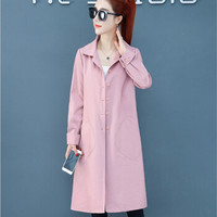 沫欣 2019春夏新品女装风衣女中长款纯色POLO领薄款单排扣修身长袖外套风衣 zx1AF11-123 粉色 XL