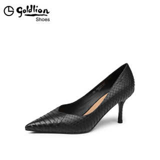 金利来（goldlion）女鞋尖头浅口单性感蛇皮工作细高跟鞋62693001201P-黑色-37码