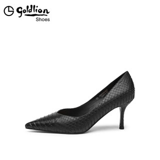 金利来（goldlion）女鞋尖头浅口单性感蛇皮工作细高跟鞋62693001201P-黑色-37码