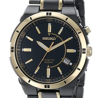 SEIKO 精工 KINETIC系列 SKA366 男士人动电能手表 39.5mm 黑盘 间金PVD镀黑不锈钢表带 圆形