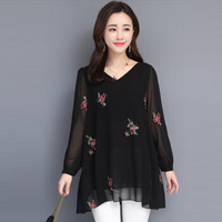 米兰茵（MILANYIN）女装 2019秋季新款大码女装时尚雪纺长袖上衣 MLYH1103 花朵绣花 2XL