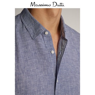 Massimo Dutti 男士千鸟格亚麻长袖衬衫00149149400 蓝色S