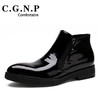 村哥牛皮（C·G·N·P）男士尖头英伦高帮时尚休闲漆皮短靴 CB505313 黑色 39