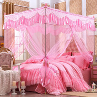 迎馨 床品家纺 蕾丝宫廷式三开门蚊帐 加粗加高不锈钢支架 1.5米床粉色