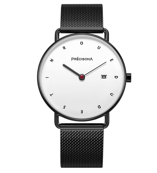 PRECISONA/佩西纳 命运之轮 简约设计黑色米兰金属手表41mm欧美男表 时见PA4110 41mm 白色 黑色 PVD镀黑不锈钢
