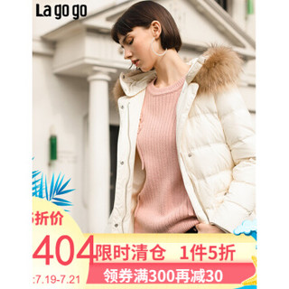 Lagogo2018冬季外套大毛领中长款米色连帽羽绒服女HCYY33XA73 米色 160/M/38