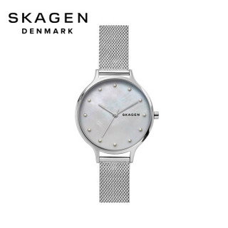 诗格恩（Skagen）手表女士 欧美时尚石英女表 简约优雅银色商务手表 潮流涟漪不锈钢带 镶珠精巧表盘SKW2775