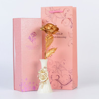 送女生浪漫创意礼物 金箔玫瑰花+陶瓷底座+粉色礼盒