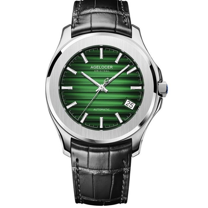 AGELOCER 艾戈勒 瑞士进口手表 贝加尔湖系列时尚自动机械表 新款全景背透大日历夜光男士腕表 春深碧绿黑皮带 全景背透大日历 6305A1 40mm 绿色 精钢 黑色 牛皮