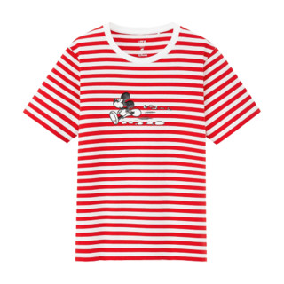 UNIQLO 优衣库 Mickey Art系列女士纯棉条纹印花圆领短袖T恤428405 玫红色S