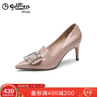 金利来（goldlion）女鞋尖头浅口单镶钻扣饰漆皮细高跟鞋69993000783P-粉红-34码