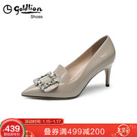 金利来（goldlion）女鞋尖头浅口单镶钻扣饰漆皮细高跟鞋69993000730P-灰色-39码
