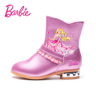 芭比 BARBIE 童鞋 女童靴子2019冬季新款加绒保暖长筒靴子公主时尚高跟皮靴 2816 粉色 29码