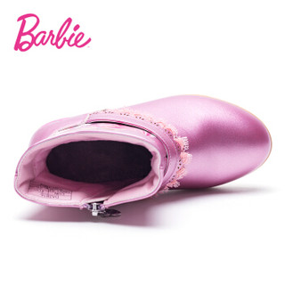 芭比 BARBIE 童鞋 女童靴子2019冬季新款加绒保暖长筒靴子公主时尚高跟皮靴 2816 粉色 29码