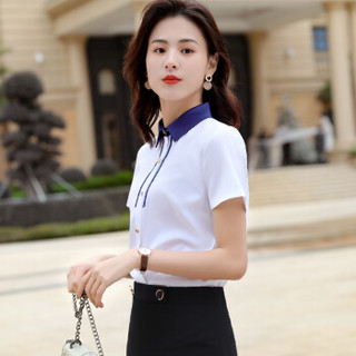 特洛曼职业衬衫女短袖气质时尚撞色上班族工作服套装白衬衣韩版显瘦学生 蓝色衬衫+311灰裙XL