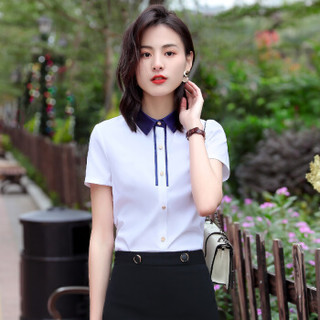 特洛曼职业衬衫女短袖气质时尚撞色上班族工作服套装白衬衣韩版显瘦学生 杏色衬衫9060M