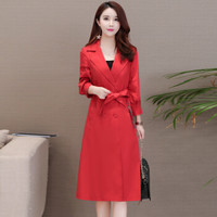 沫欣 风衣女2019秋冬新品气质通勤中长款宽松显瘦阔太太纯色方领系带收腰风衣大外套 KKHYXB8108 红色 XL