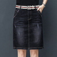 AUDDE 2019秋季新款女装新品牛仔半身裙女高腰a字磨破水洗开叉显瘦包臀黑色一步裙 HZDF11-627 黑色 L/28