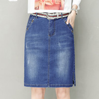 AUDDE 2019秋季新款女装新品牛仔半身裙女高腰a字磨破水洗开叉显瘦包臀黑色一步裙 HZDF11-627 浅蓝色 XXL/30