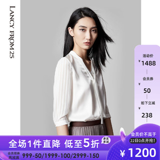 朗姿真丝衬衫女新款2020年夏季桑蚕丝时尚V领飘带五分袖衬衣